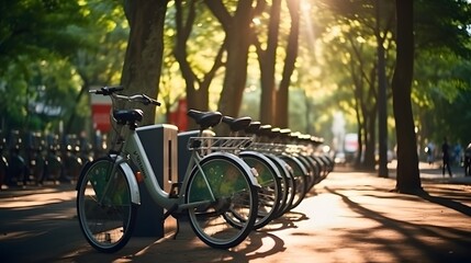 Bicycle sharing systems. Bicycle for rent business. Bicycle for city tour at bike parking station. Eco-friendly transport. Urban economy public transport. Bike station in the park. Healthy lifestyle.