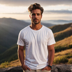 White T-Shirt Mockup Template with a Handsome Man Standing on the Mountain on a Summer Day. Nature Friendly Hiker Outdoor Photography. Perfect for Online Shops, Portfolios and Social Media Marketing