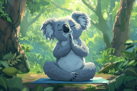 Koala Yoga Instructor leading a yoga class in the treetops, promoting relaxation and flexibility among fellow animals, cartoon anime caricature