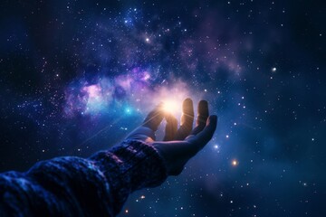 a conceptual image of a person reaching out to touch a star, symbolizing the human desire to explore