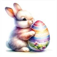 Wall Mural - An illustration of an Easter Bunny holding an Easter egg, rendered in watercolor style.