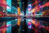 Fototapeta Londyn - A bustling city street at night, illuminated by the colorful lights of towering skyscrapers, reflecting the vibrant energy of the metropolitan area in a stunning cityscape