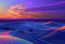 The Vibrant Hues Of A Purple And Orange Sky, Mirroring The Shifting Sands Of The Desert Below, Create A Breathtaking Canvas For The Rising Sun On A Winter Morning