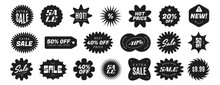 Vector Set Of Black Starburst Sale Sticker Label. Promo Star Price Tag Or Special Offer Badge Different Shapes. Sunburst Promotion Badges Icon On White Background. Flat Design Elements For Shopping.