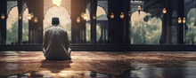 Muslim Man Praying In A Mosque, Fictional Character Created By Generative AI. 