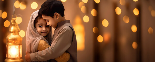 Sticker - A young boy and girl embracing each other in front of a light source, such as a lantern or star. Fictional Character Created By Generative AI. 