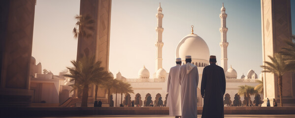 Wall Mural - Three Men in Arabian Attire Walking Towards a Mosque, Fictional Character Created By Generative AI. 