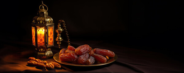 Wall Mural - A Treat for the Senses - A tray of dates and fresh bread, illuminated by a lantern