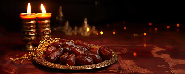 Wall Mural - Arabic Calligraphy Style 'Ramadan' Plaque with Lights and Dates