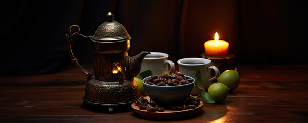 Wall Mural - A cozy nighttime tea setup with a lantern and fresh fruit
