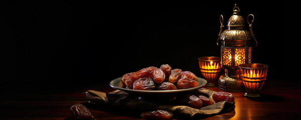 Wall Mural - A Nighttime Dining Experience with a Bowl of Fresh Dates - 40 candles provide a warm and cozy atmosphere
