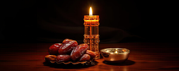 Wall Mural - Ramadan Celebration - Muslim holiday with dates, lantern and candle