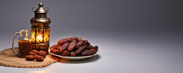 Wall Mural - Ramadan Celebration - Dates, Oil, and Candle Set on a Table
