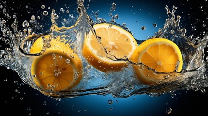 Two halves of fresh lemons sinking deep into water with splashes against a blue background