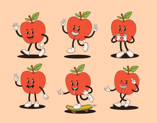 Wall Mural - Groovy apple mascot in different poses. Funky retro apple character. Set of cartoon apples, smiling, walking, apple on skateboard, showing heart with hands.