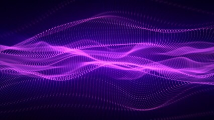 Wall Mural - energy waves of elegant pink lines with glowing particles on a shiny purple background. abstract mot