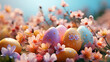 Easter party concept. Top view photo of easter eggs with flowers white pink blue and yellow eggs on isolated pastel background with copy space, banner, greeting card