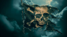 Torn Pirate Flag With Skull And Cross Bone Waving In Wind On Old Fabric At Cloudy Sky With Fire Smoke, Vintage Mystery Background
