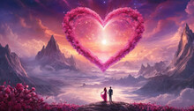 Valentine's Day Card Two Silhouettes Against The Background Of A Star Nebula In The Form Of A Heart And Rocky Mountain Peaks Among A Sea Of Bright Roses