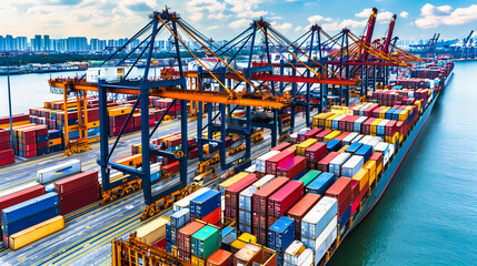 Industrial Harbor Scene, Shipping Containers and Cranes in a Busy Port Environment