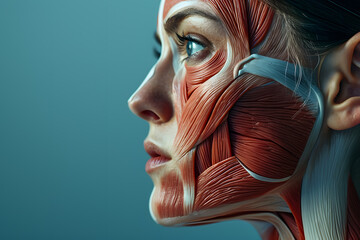 Wall Mural - SIde view woman closeup face. Human anatomy, skin and muscles