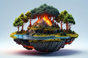Wall Mural - 3d floating island on fire and trees