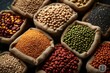 Organic abundance Variety of grains and legumes, top view collage