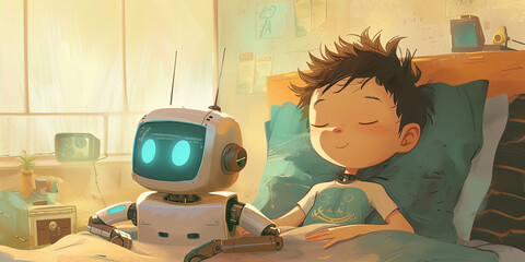 Child with best friend AI robot companion, friendship artificial intelligence assistant, generated ai	
