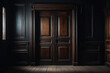 A frontal view of a dark room with an old wooden door, dark and mysterious atmosphere