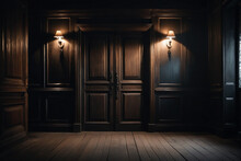A Frontal View Of A Dark Room With An Old Wooden Door, Dark And Mysterious Atmosphere