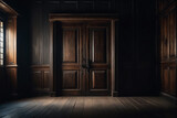 Fototapeta Big Ben - A frontal view of a dark room with an old wooden door, dark and mysterious atmosphere