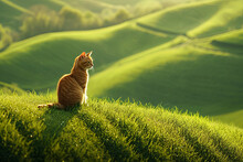 A Cat On A Beautiful Green Hill
