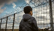 Black child of African ethnicity at the state border in front a metal fence with barbed wire. Concept of refugee camp and emigration and immigration. Generative Ai.