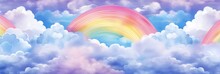 Watercolor Background With Pink Clouds And Rainbow