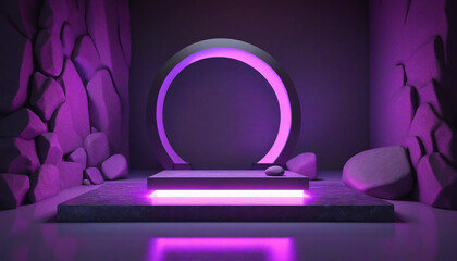 Wall Mural - abstract ultraviolet background with stone platform, rocks, neon arch, glowing line, and mirror refl