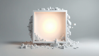 Wall Mural - Abstract geometric design with a square frame surrounded by a white cloud and mystic vapor. Ideal for a futuristic minimalist wallpaper.