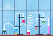 Chemical Laboratory with different glass flasks, vials, test-tubes with substance and reagents. Lab research, testing, studies in chemistry, physics, biology. Banner, poster. Vector illustration.