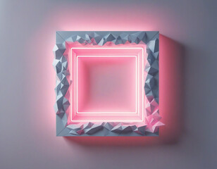 Wall Mural - Abstract geometric design with neon square frame and glowing stormy cloud in pink and blue light.