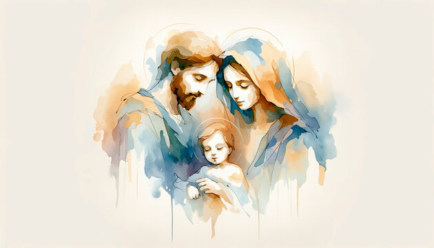 Nativity Scene: Mary, Joseph, and Baby Jesus in Watercolor