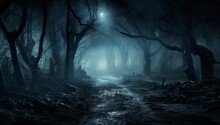 Foggy Misty Path In A Dark Woodland