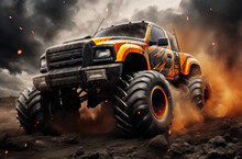Orange Car With Huge Wheels, Monster Truck