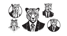 Tiger Wearing Business Suit, Vintage Logo Style, Animal Wear Clothes , Wildlife Animals Great Set Collection Clip Art Silhouette , Black Vector Illustration On White Background.