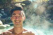 温泉・風呂につかる日本人男性の正面写真（銭湯・湯船・入浴・旅館・サウナ）