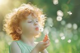 Fototapeta Dmuchawce - A young girl embraces the carefree joys of summer as she blows delicate dandelion seeds into the wind, her innocent face lit up with pure happiness and wonder