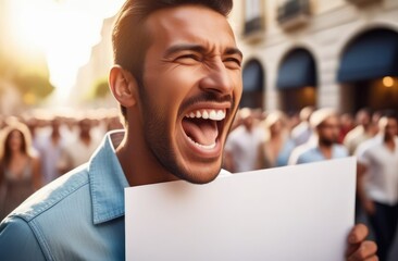 happy Caucasian protester on street with blank poster. activist protesting against rights violation