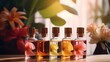 © Ziyan - Bottles on the background of the spa room. Skin care serum or natural cosmetics with essential oil. face and body beauty concept. Spa concept. Place for text.