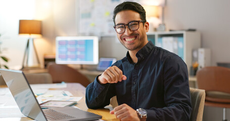 Leinwandbilder - Portrait of happy man in office, typing on laptop and planning online research for creative project at digital agency. Internet, website and networking, businessman with smile and computer for email.