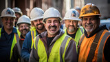 Fototapeta  - group of smiling builders in hardhats outdoors