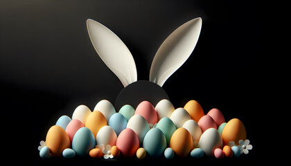 Wall Mural - Easter eggs and bunny ears on a black background, 3D rendering. Minimal abstract Easter decoration concept