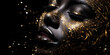 © Hanna ArtLab - A close-up macro portrait of a dark-skinned african model woman with golden glitter and make up. Gold glitter surrounding her. Dark background